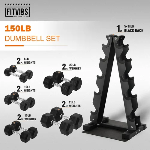 Vista 2 de Fitvids Rubber Coated Hex Dumbbell Weight Set and Storage Rack, 100LB Set or 150LB Set, 5-20 lbs Pairs or 5-25 lbs Pairs