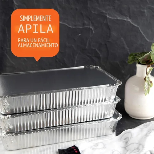 Vista 5 de PLASTICPRO Moldes de Aluminio Desechables para Llevar de Papel de Aluminio Oblongos para Hornear de 4 LB de 12'' X 8'' X 2'' Pulgadas Con Tapas