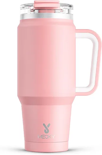 Vista 9 de Meoky Vaso de 40 onzas con asa y pajita, vaso aislado con tapa y popote, taza de viaje de acero inoxidable, mantiene el frío durante 34 horas, 100%