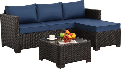 Vista 8 de Juego de muebles de patio de 3 piezas, juego de sofá modular para exteriores, muebles de mimbre para patio, sofá al aire libre, mesa auxiliar Azul