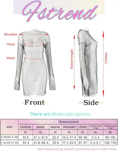 Vista 5 de Fstrend Cadenas de cuerpo de malla de cristal Rhinestone Fishnet Black Crop Top manga larga ver a través del bikini