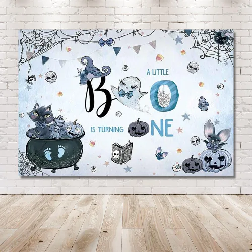 Vista 6 de MEHOFOND Fondo espeluznante de 7 x 5 pies para fotografía de primer cumpleaños de Halloween para niño, acuarela azul, Halloween, boo, fiesta