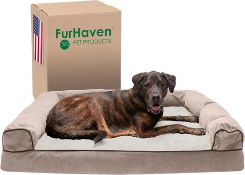 Vista 14 de Furhaven Cama para perro, de espuma viscoelástica, estilo sofá, Sherpa y chenilla, crema, M