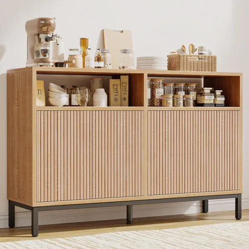 Vista 16 de Mericonia Aparador Buffet Gabinete Almacenamiento, Consola de madera moderna acanalada Credenza