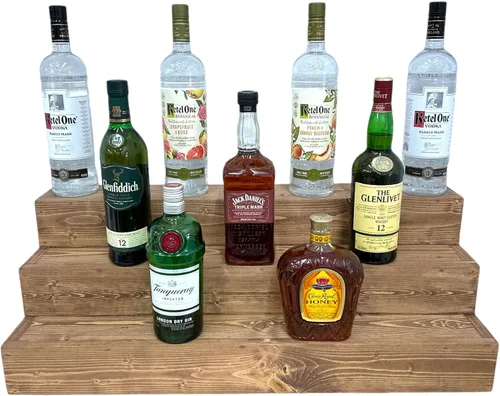 Vista 18 de Estantería de exhibición escalonada hecha a mano, exhibición de barra de tres niveles, organizador de barra, exhibición de botellas de licor