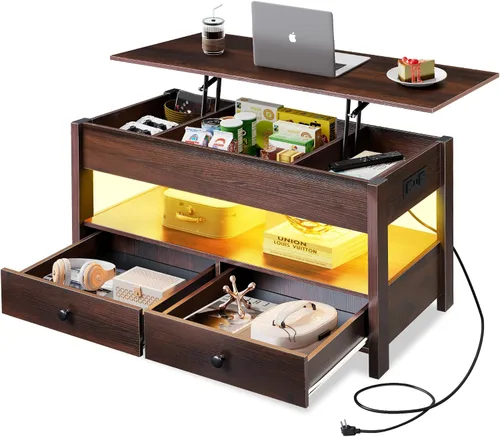 Vista 11 de WLIVE Mesa de Centro, Mesa de Centro con Tapa Elevable con 2 Cajones, Gran Almacenamiento y Estante Abierto, Tapa de Mesa Elevable para Sala de Negro