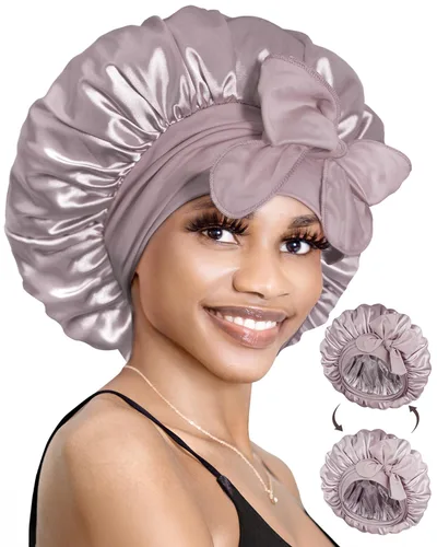 Vista 21 de BONNET QUEEN Gorro reversible de satén de seda para dormir, doble capa, ajustable, trenzas rizadas, peluca de cabello natural, banda para gorro