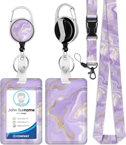 Vista 15 de Soporte para tarjetas de identificación con cordón y clip retráctil para carretes de insignias, cordón de mármol para identificación, protector