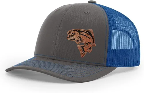 Vista 40 de Sombrero de pesca de salmón con parche de cuero grabado láser Richardson 112 Snapback Trucker Cap