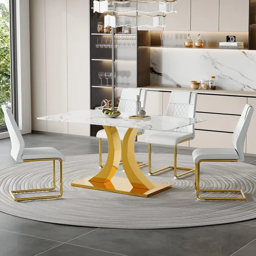 Vista 26 de Juego de mesa de comedor de mármol para 4, moderna mesa de oro blanco de 63 pulgadas con patas de marco de forma intercambiable y sillas de comedor