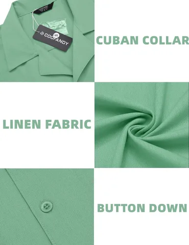 Vista 5 de COOFANDY Camisas de lino para hombre, camisas de manga corta con botones, ajuste regular, color verde claro, Verde claro