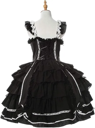 Vista 5 de Nuoqi Lolita vestido gótico para mujer y niña, con listones, vestido de princesa, vestido de princesa con escarolas de encaje, vestido para disfraz