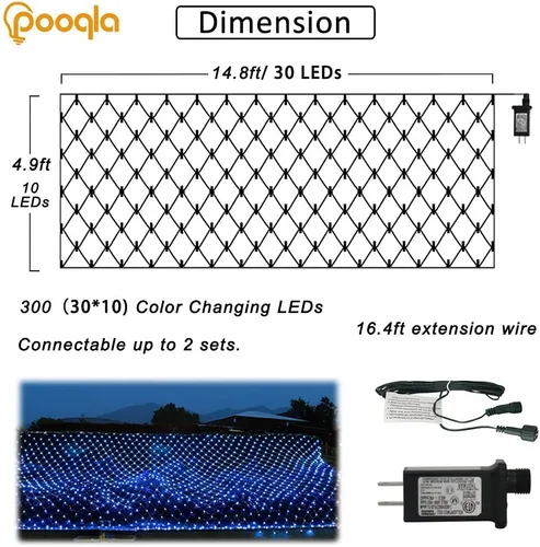 Vista 4 de Pooqla Luces de red, 300 luces LED de malla de Navidad al aire libre, 14.8 x 4.9 pies, cadena de luces con 8 modos de cable verde, conectable