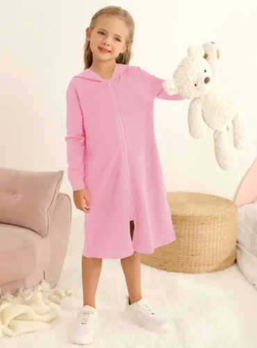 Vista 3 de Sudaderas con capucha y cremallera para niñas, de algodón suave, de manga larga, holgada, con bolsillos, de 4 a 13 años