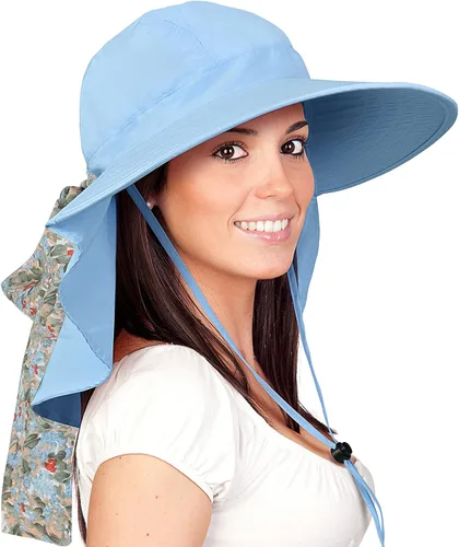 Vista 9 de Solaris UPF 50+ Gorro de ala ancha para mujer - Tamaño pequeño, ligero y plegable, gorro floral refrescante con solapa para el cuello