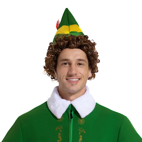 Vista 4 de Peluca de elfo rizado marrón para hombre, disfraz de Halloween, cosplay, pelucas completas, talla única