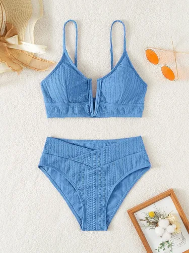Vista 3 de HYTENSUN Bikini de cintura alta con corte en V para mujer, traje de baño de dos piezas
