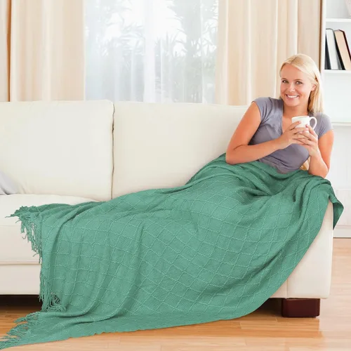 Vista 2 de Manta de punto con borla, suave y acogedora manta con flecos para sofá cama, cama, ligera, decorativa, moderna, texturizada para todas