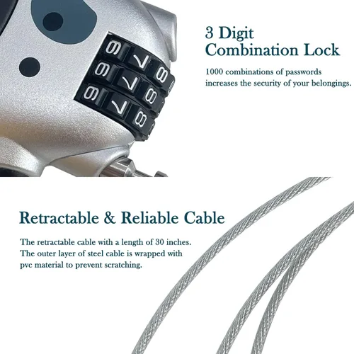 Vista 4 de Sutekus Cerradura de combinación con cable retráctil de 30 pulgadas, candado de combinación de 3 dígitos, candado de equipaje para casco, cochecito