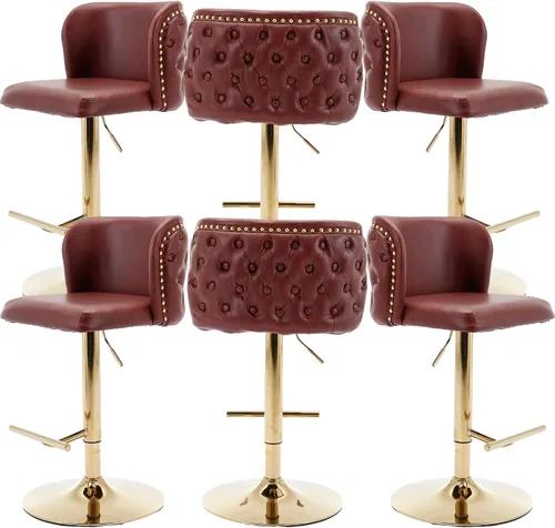 Vista 12 de Taburetes de bar tapizados de poliuretano con base dorada, taburetes de bar ajustables de 25-33 pulgadas, taburetes de mostrador con respaldo Beige