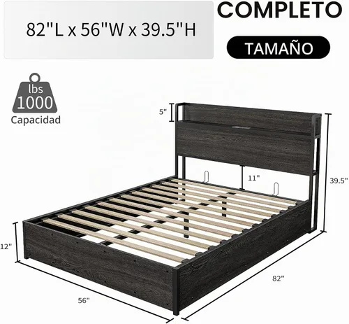 Vista 2 de Cama de Almacenamiento Elevable Tamaño Full, Marco de Cama Plataforma de Madera con Cabecera de Almacenamiento y Estación de Carga, No Necesita Negro