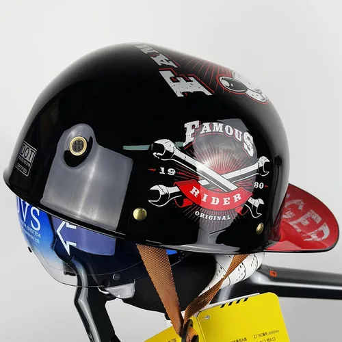 Vista 11 de Casco de motocicleta de cara abierta vintage, gorra de béisbol retro, aprobada por DOT, para hombres y mujeres y adultos, media carcasa con visera