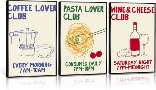 Vista 10 de Divertido póster de lienzo de cocina, arte de pared retro del club amante del café, imagen adorable del club de amantes de la pasta, pintura vintage