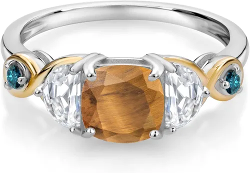 Vista 2 de Gem Stone King Cojín de anillo de 3 piedras de plata 925 y oro amarillo de 10 quilates, ojo de tigre, media luna, moissanita creada y diamante azul