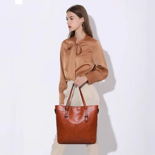Vista 7 de Bolso y bolso vintage para mujer, bolso de hombro de cuero, bolso grande con asa superior, juego de 4 piezas, Azul oscuro