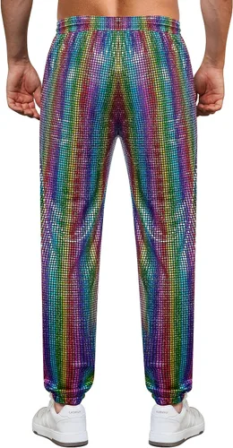 Vista 3 de WULFUL Pantalones deportivos metálicos para hombre, disfraz de discoteca de los años 70, con lentejuelas