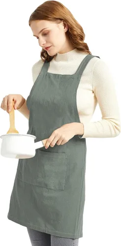 Vista 3 de ELEZAY Delantales para mujer con bolsillos, talla grande, cómodo, espalda cruzada, sin lazo, delantal de lino y algodón Verde