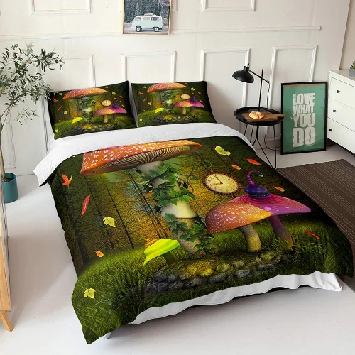 Vista 7 de Juego de funda de edredón psicodélico de fantasía con diseño de hongos psicodélicos, galaxia, verde cielo, morado, diseño de hongos estrellados, #1