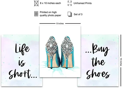 Vista 2 de Arte y decoración de pared de diseñador azul, Life Is Short Buy The Shoes - Decoración de pared glamorosa - Póster artístico de diseño de alta moda
