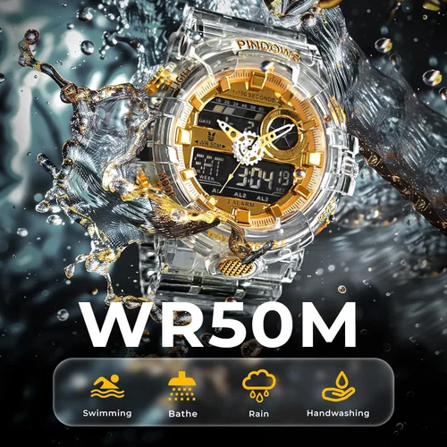Vista 5 de Relojes PINDOWS para hombre, transparente dorado, analógico digital, doble hora, 50M resistente al agua, retroiluminación LED, multifuncional