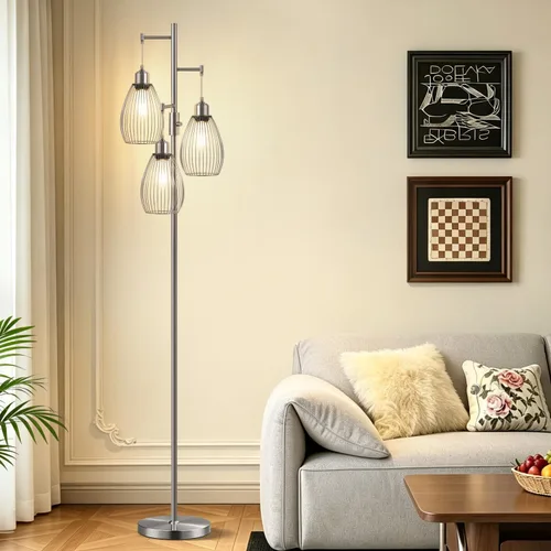 Vista 13 de Lámpara de pie regulable, 3 bombillas LED Edison de 800LM incluidas, lámpara de pie industrial de granja lámpara de árbol de pie con elegante jaula