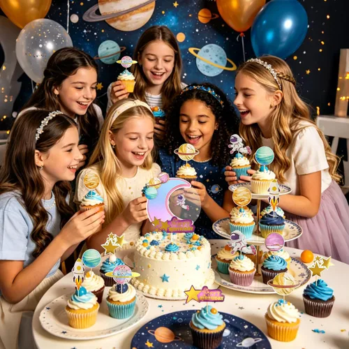 Vista 5 de Ercadio 1 pieza de decoración para tartas de niña espacial, luna, estrella, cohete, planeta, decoración de pasteles, espacio de feliz cumpleaños