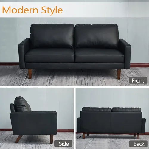 Vista 4 de INSTORY Sofá de cuero Sofá moderno con patas de madera para sala de estar, oficina - negro