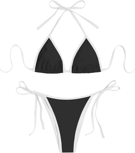Vista 21 de ZAFUL Bikinis triangulares estampados para mujer, 2 piezas, bikini halter, traje de baño de corte alto, traje de baño con lazo lateral 0-negro a