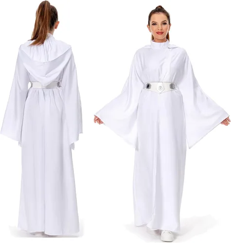 Vista 4 de Disfraz de princesa para mujer, vestido blanco con capucha, bata larga, traje clásico de lujo