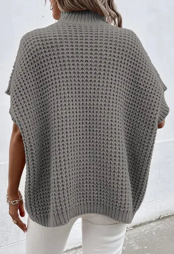 Vista 7 de Viottiset Suéter de manga corta de murciélago para mujer, cuello alto falso, suéter de punto sin mangas para otoño