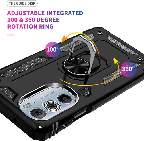 Vista 6 de Funda TJS para Motorola Edge Plus 2022/Moto Edge+ 5G UW 2022 (negro) Con protector de pantalla de vidrio templado Anillo de metal Kickstand