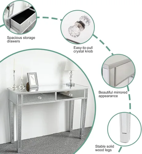 Vista 5 de Henf Mesa de maquillaje con espejo, mesa de tocador con acabado plateado, mesa de consola de 2 cajones para entrada, dormitorio, sala de estar