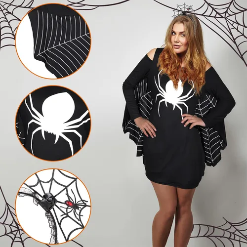 Vista 5 de Jadive 2 Pcs Halloween Dress for Women and Spider Hair Hoop Spider Woman Costume Casual Long Sleeve Shirt Dress Black Headband