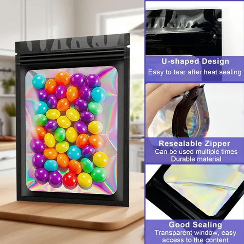 Vista 4 de 300 bolsas holográficas de Mylar a granel, bolsas resellables a prueba de olores con ventana transparente, bolsa de aluminio para pequeñas empresas