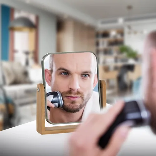Vista 5 de YEAKE Espejo de maquillaje de doble cara con aumento 3X con soporte de bambú, pequeño espejo de mesa de escritorio con rotación de 360°, espejo