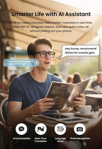 Vista 5 de DPVR - Lentes inteligentes AI con cámara y Bluetooth – Gafas de cámara HD de 8 MP para hombres y mujeres, gafas de grabación de video con asistente