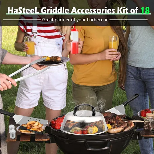 Vista 8 de HaSteeL Kit de 18 accesorios para plancha, herramientas Teppanyaki para cocinar a la parrilla de campamento, cúpula de fusión de acero inoxidable