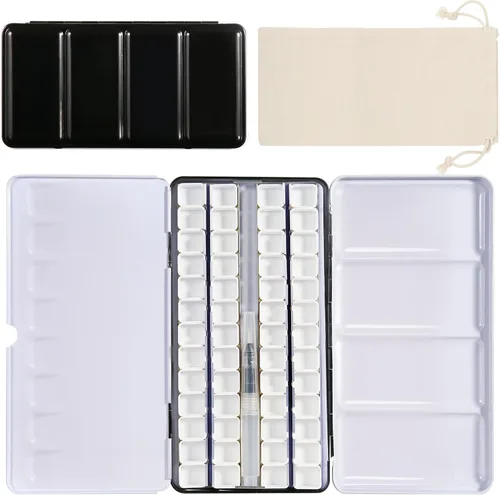 Vista 7 de PEVART Paleta de pintura de acuarela vacía, caja de metal con 37 medias bandejas de color de agua y paleta plegable, bandeja de pintura de estaño