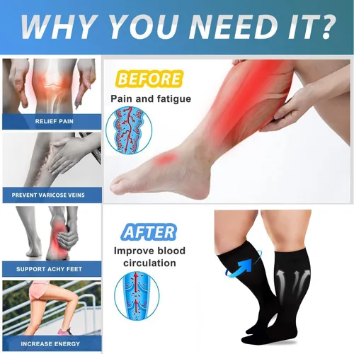 Vista 5 de Unnclou 3 pares de calcetines de compresión de talla grande para mujeres y hombres, 15-20 mmHg, extra grandes hasta la rodilla, medias de soporte
