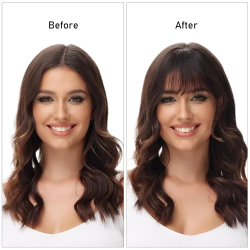 Vista 5 de Extensiones de cabello humano con clip, de cara frontal plana, flequillo, con sienes, rubio oscuro, suave, piezas de cabello humano real para mujer